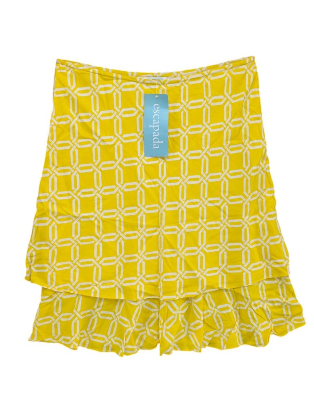 Escapada Tiered Mini Skirt Womens Lemon Yellow White Printed Pull On Size M